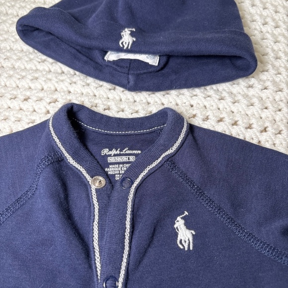 Ralph Lauren Polo Baby Outfit Newborn Navy Blue Matching Hat - Picture 2 of 5